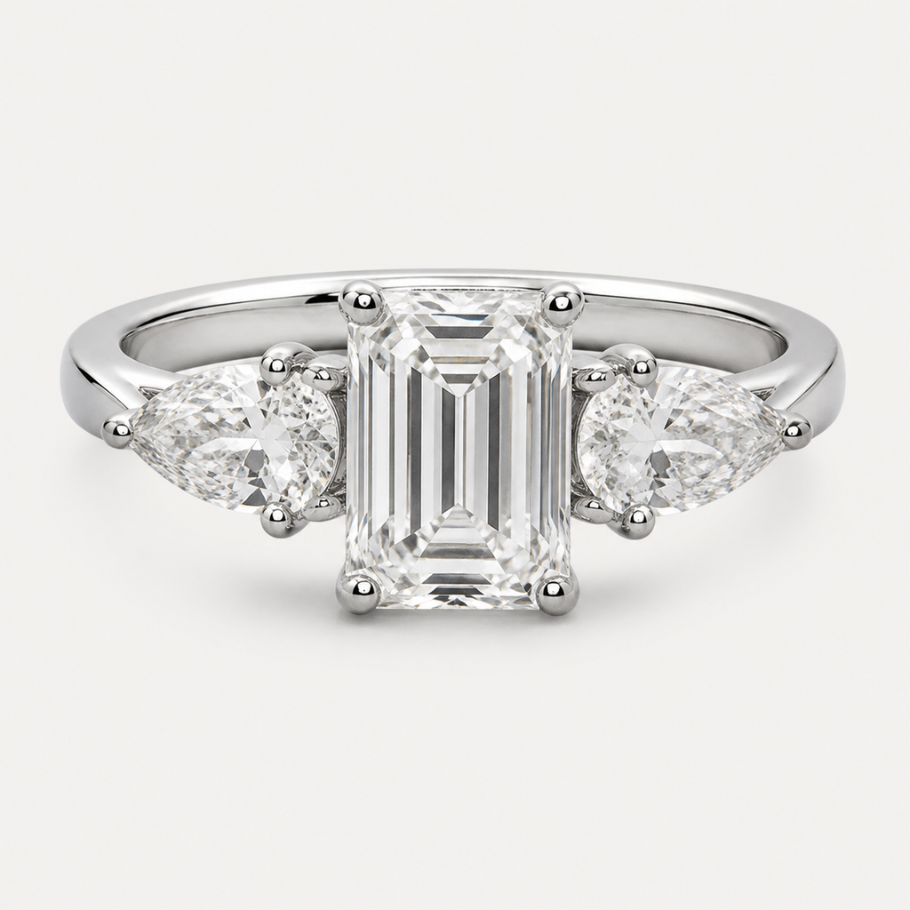THREE Emerald＆Pear Three-Stone Baguette Ring | K14/K18, 1.0ct～2.0ct