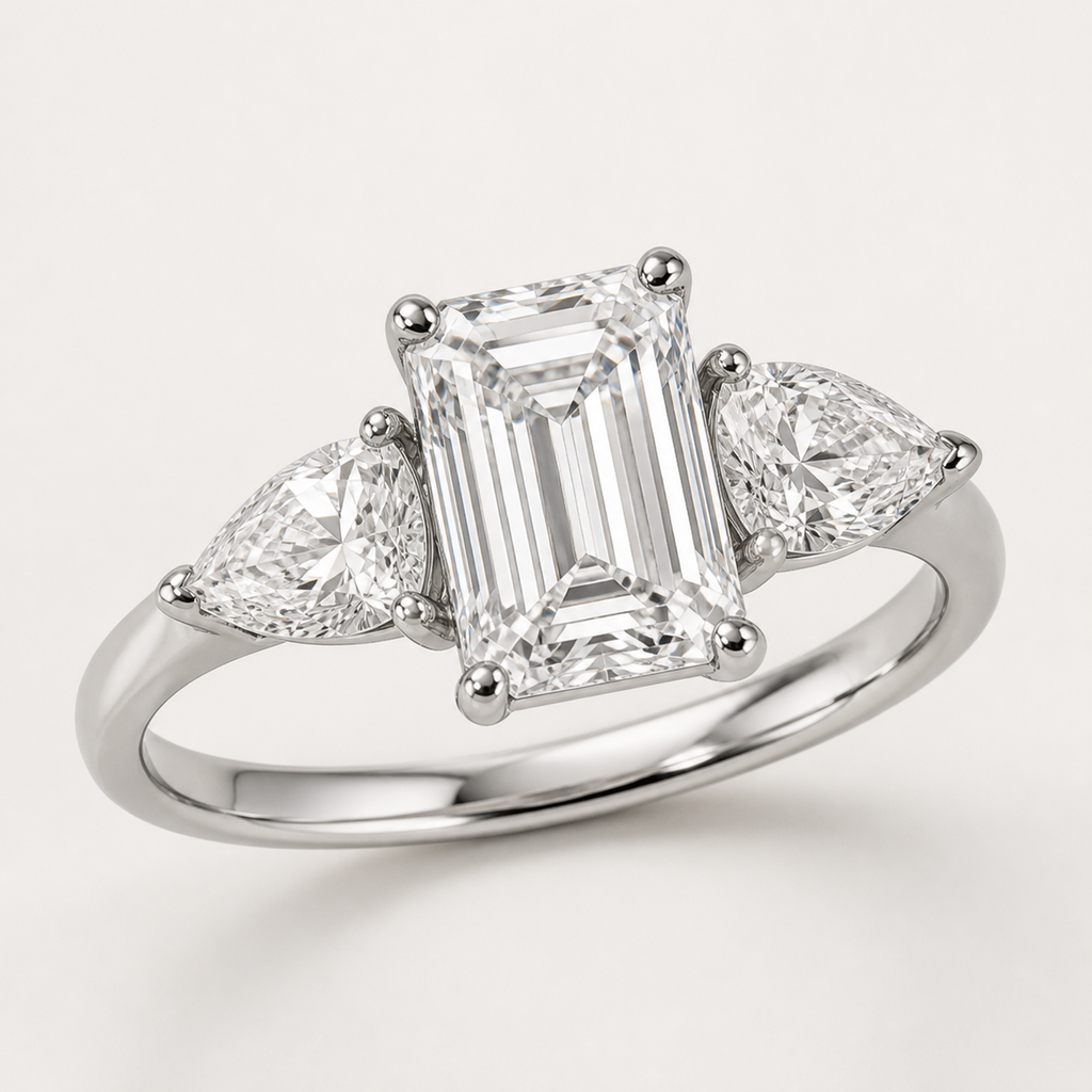 THREE Emerald＆Pear Three-Stone Baguette Ring | K14/K18, 1.0ct～2.0ct