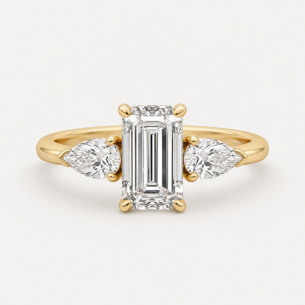 THREE Emerald＆Pear Three-Stone Baguette Ring | K14/K18, 1.0ct～2.0ct