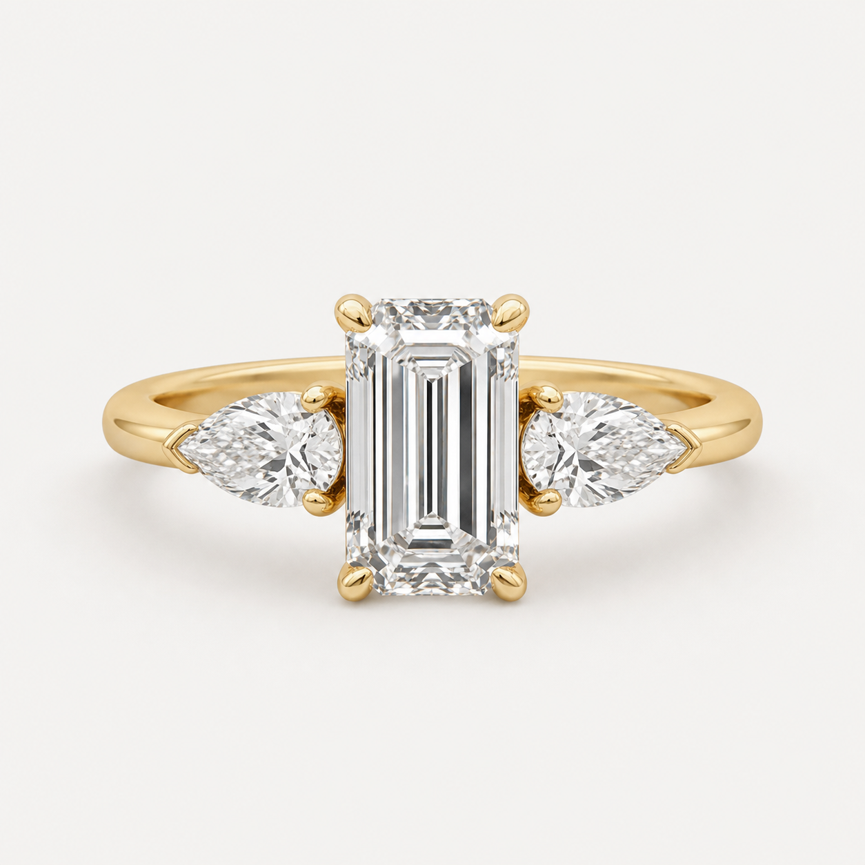 THREE Emerald＆Pear Three-Stone Baguette Ring | K14/K18, 1.0ct～2.0ct