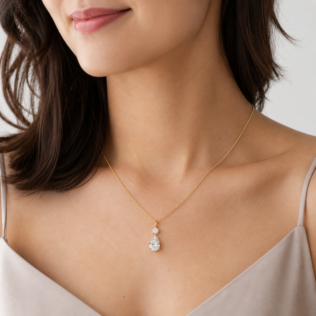 Duo Round & Pear Diamond Pendant Top | K14/K18 , 1.3ct～2.3ct