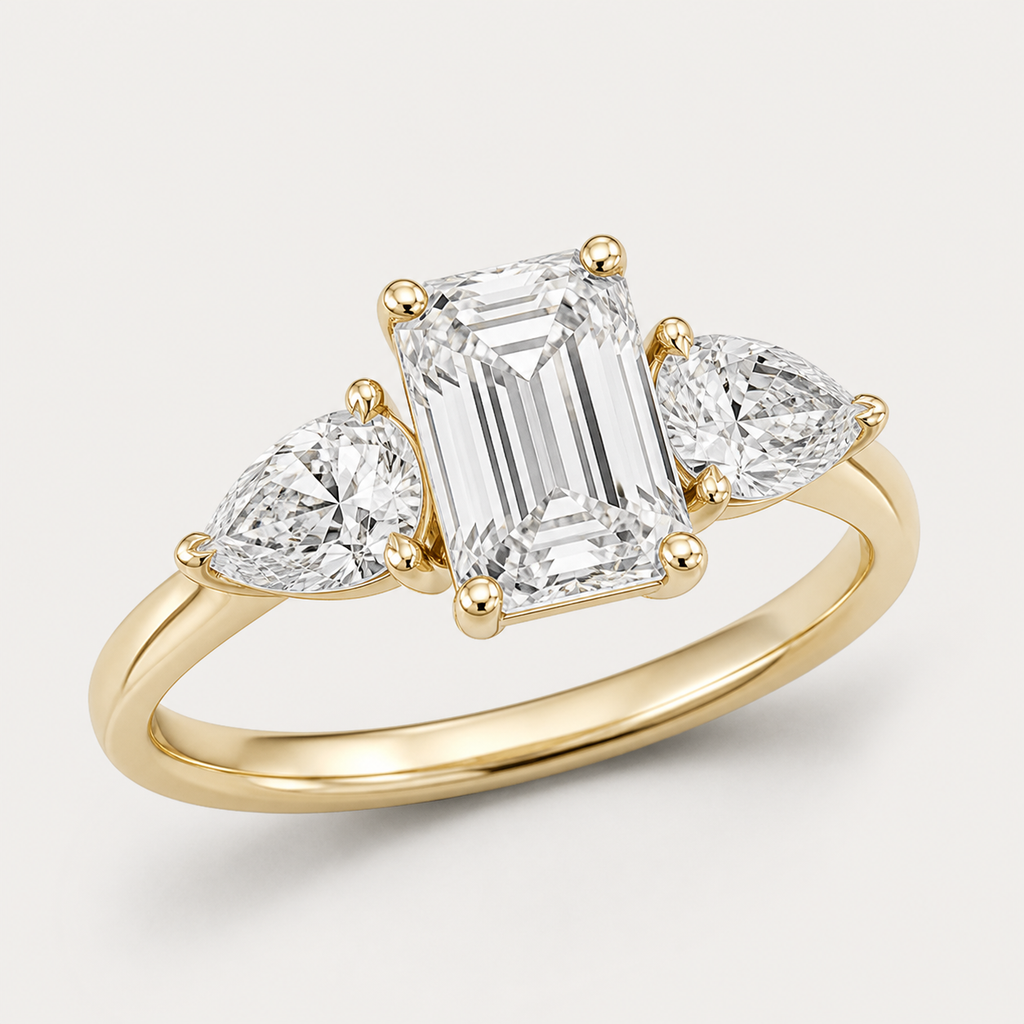 THREE Emerald＆Pear Three-Stone Baguette Ring | K14/K18, 1.0ct～2.0ct